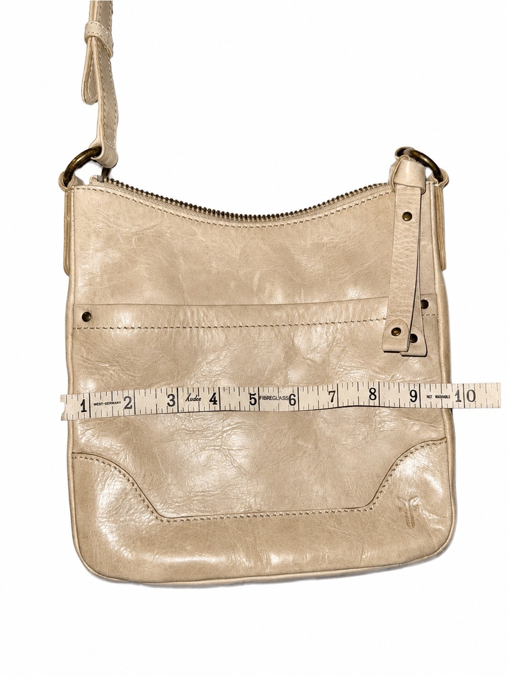 Frye Melissa Zip Crossbody Bag Beige Distressed Leather Adjustable Strap - Picture 2 of 5